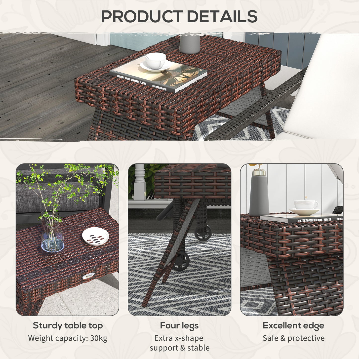 Fihaso 60cm Rattan Brown Folding Outdoor Bistro Side Table With Steel Frame