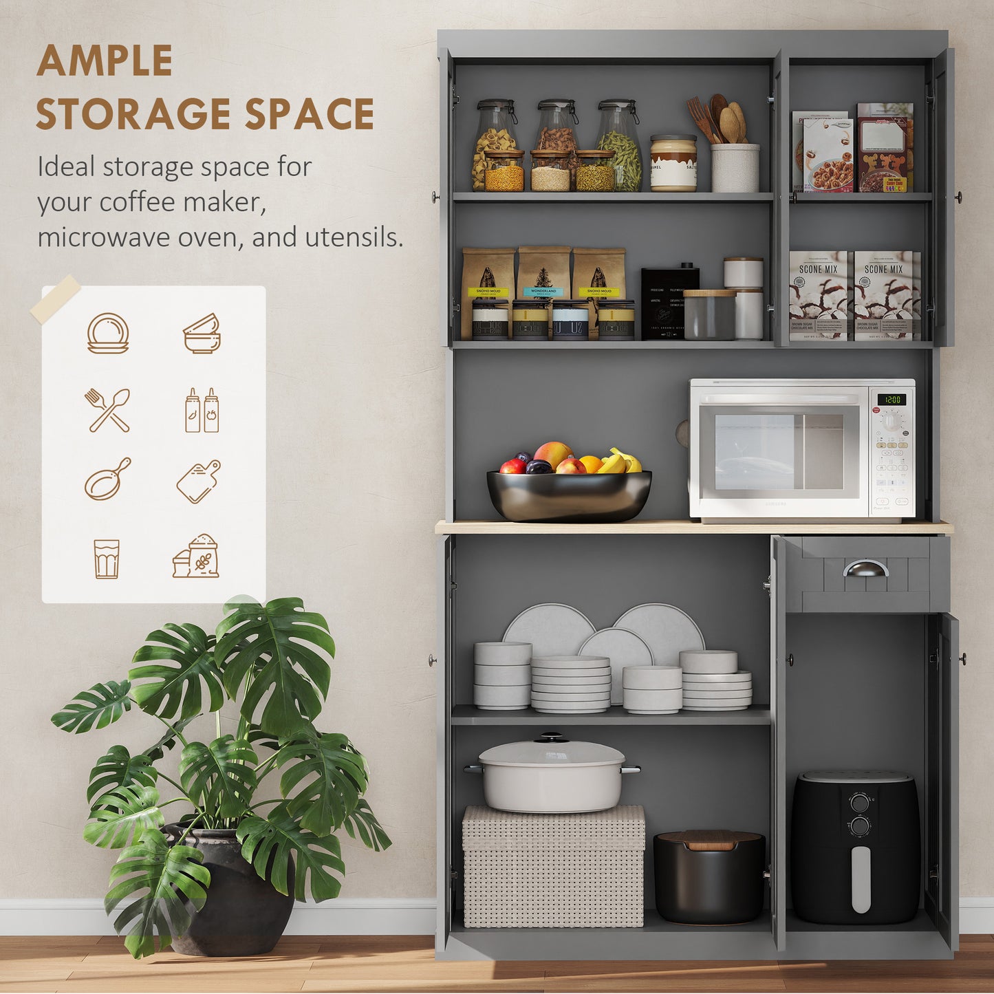 Ririlo Wooden Grey 180 cm Tall Kitchen Storage Cabinet With OFauxn Counter Drawers And 6 Doors