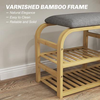 Mira Bamboo Natural Shoe Bench With Grey Padded Seat