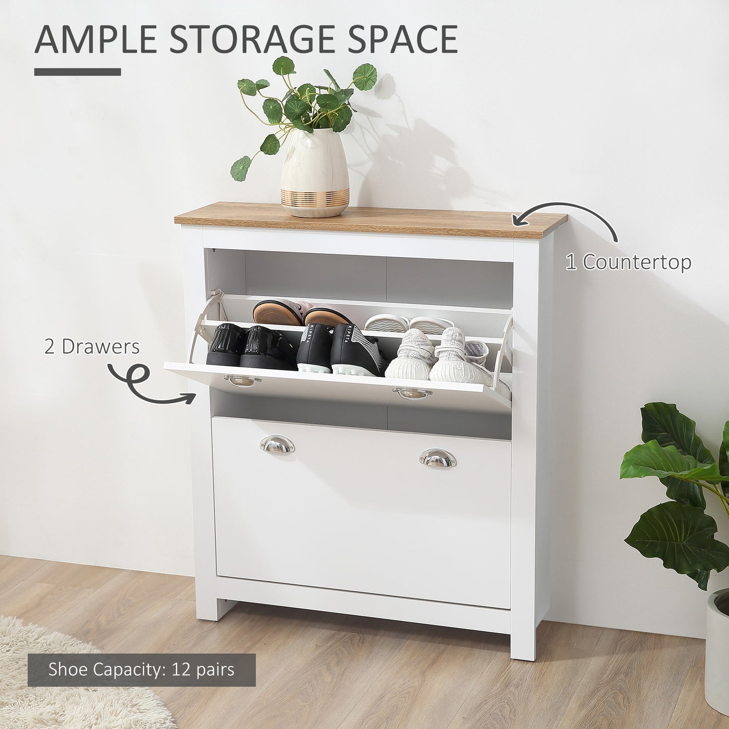 Neneka Wooden White and Natural Slim Shoe Cabinet With 2 Flip Drawers For 12 Pairs