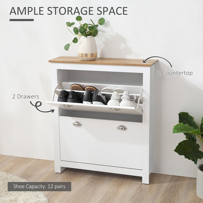 Neneka Wooden White and Natural Slim Shoe Cabinet With 2 Flip Drawers For 12 Pairs