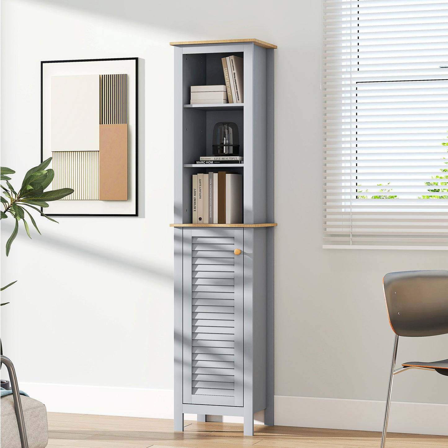 Pahafi Tall Bathroom Linen Storage Cabinet With Shelves And Cupboard Door In Grey