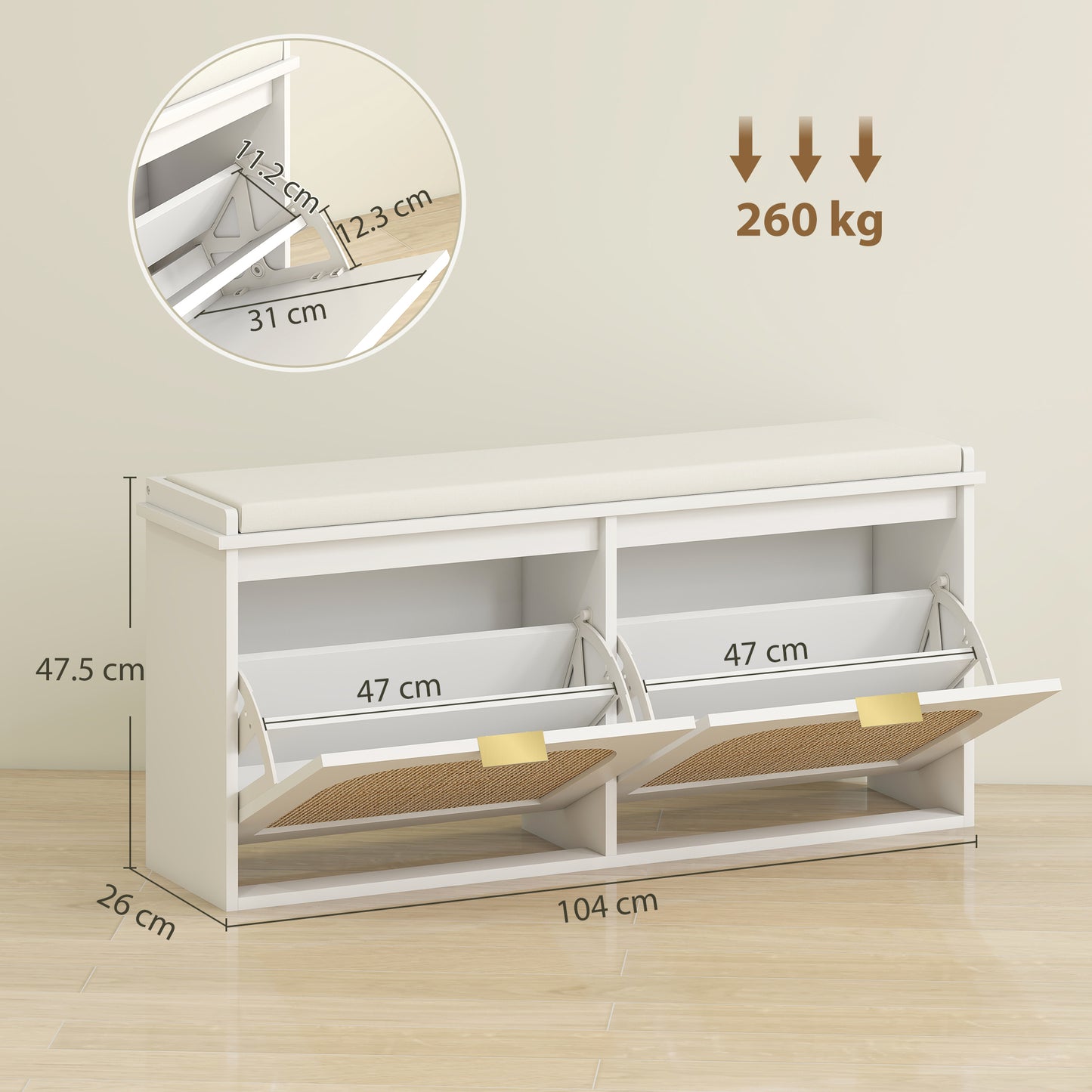 Hano Wooden White Boho Style Shoe Bench With Cushioned Seat And 2 Flip Drawers