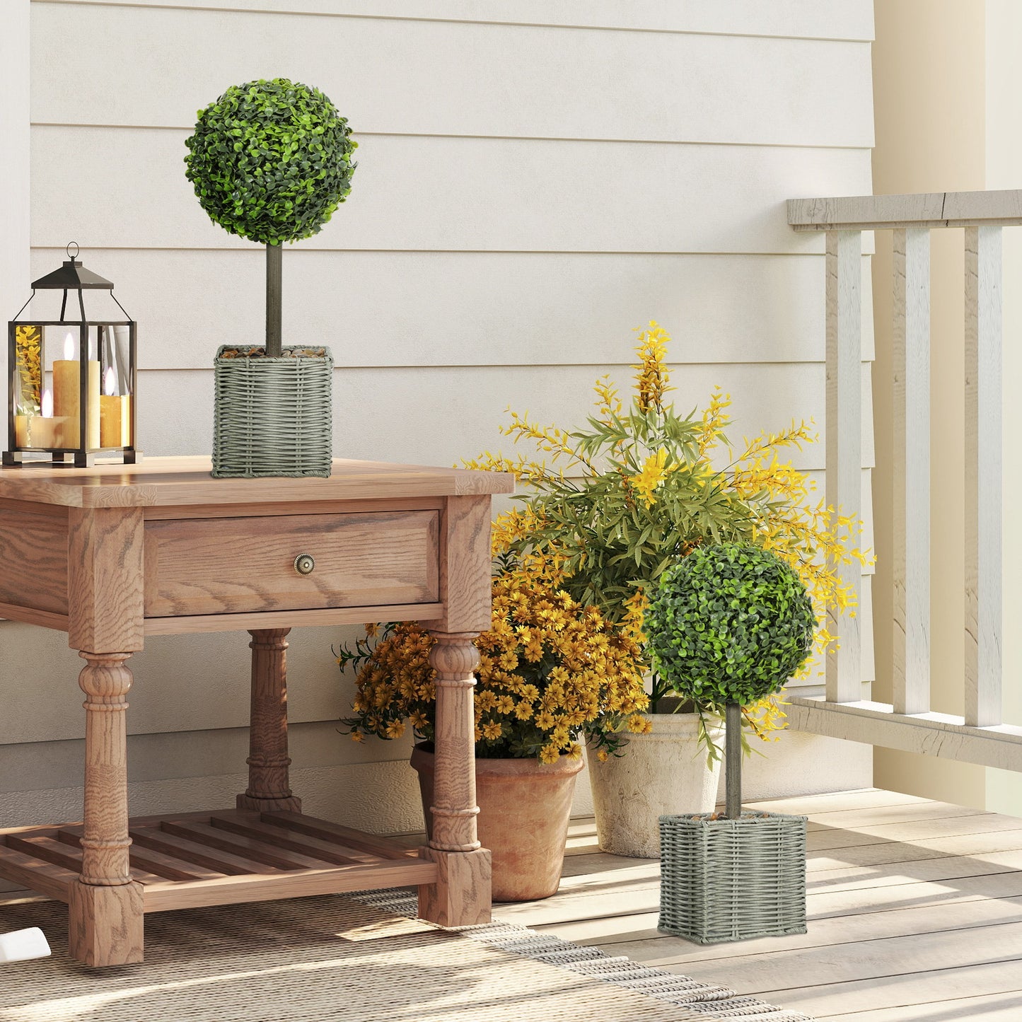 Moeldi Viso Set Of 2 Artificial Boxwood Topiary Balls With Woven Pots And Fauxbble Detail H8 50cm