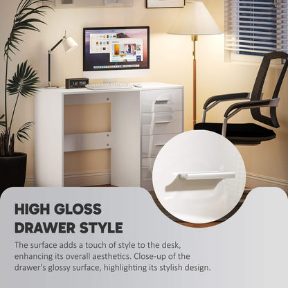 Reka 98cm High Gloss White Desk 4 Drawers For Home Office