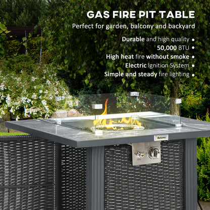 Halu Rattan Black Square Gas Fire Pit Table With Marble Effect Top Glass