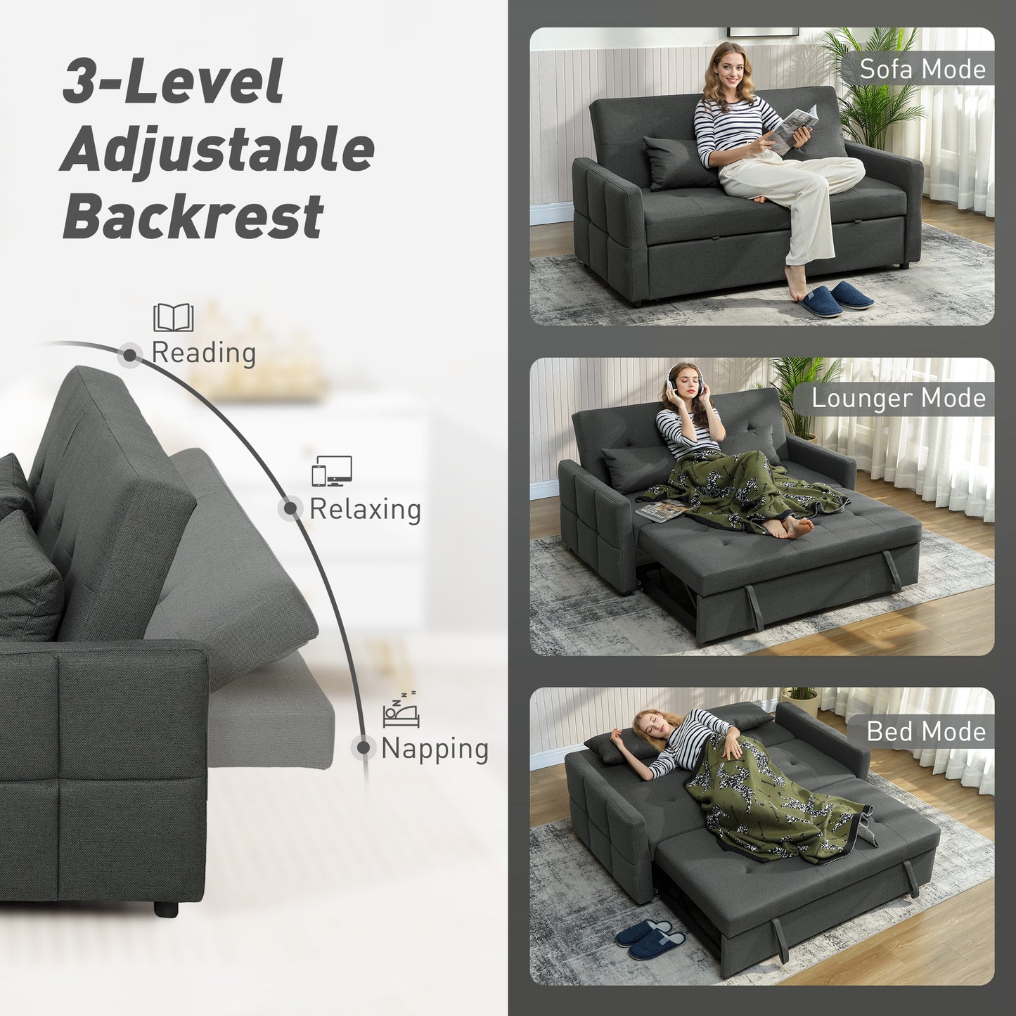 Lula Dark Grey Fabric Upholstered 3 Way Convertible 2 Seater Sofa Bed