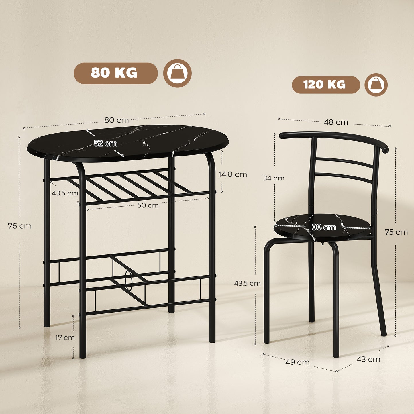 Tolo Black Compact 3 Piece Dining Table And Chair Set