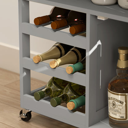 Lehari Grey Wooden Rolling Kitchen Island With Drawer Wine Rack Door Cabinets And Natural Wood Top
