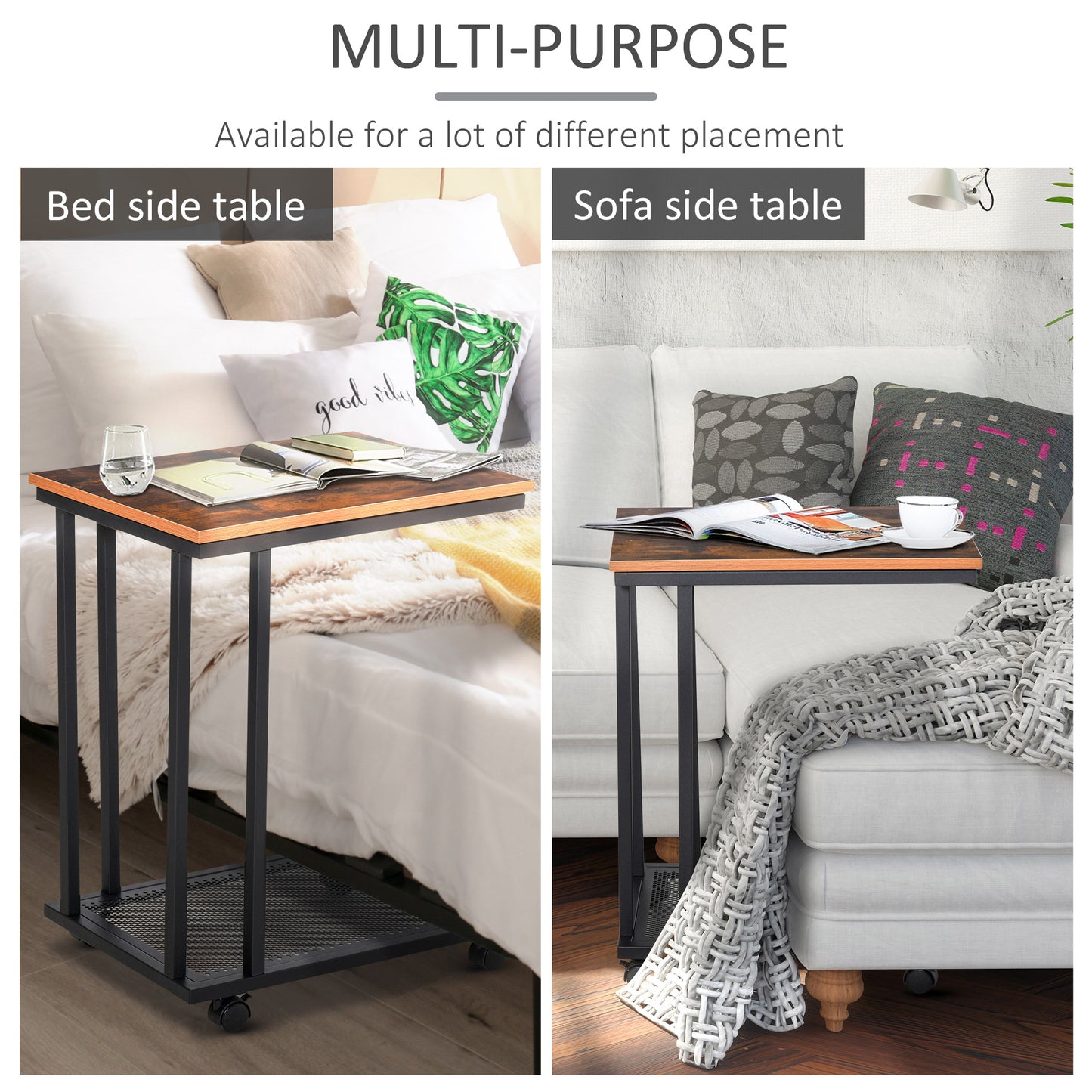Fane  Set Of 2 Metal And Wooden Rustic Brown Mobile Side Tables With Shelf C Shaped
