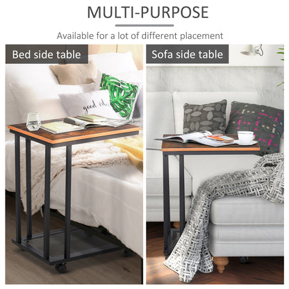 Fane  Set Of 2 Metal And Wooden Rustic Brown Mobile Side Tables With Shelf C Shaped