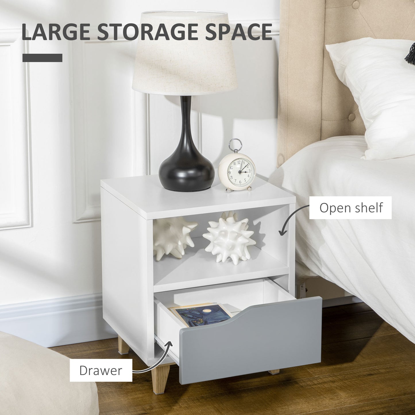 Tavimo Wooden Set Of 2 White And Grey Modern Bedside Tables With Drawer And Shelf