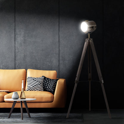 Sosureyo Wood And Metal Grey And Bronze Industrial Tripod Floor Lamp With Adjustable