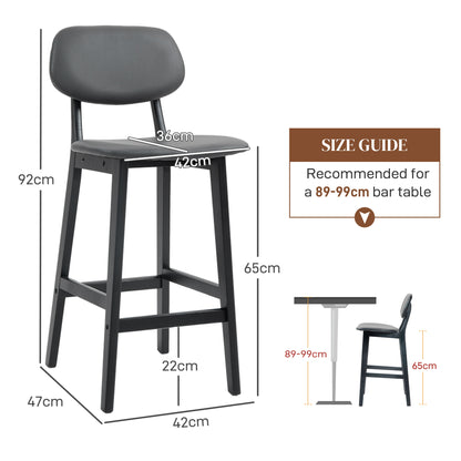 Lavidiel Faux Leather Dark Grey Bar Stools Set Of 2 With Back Support And Wood Legs