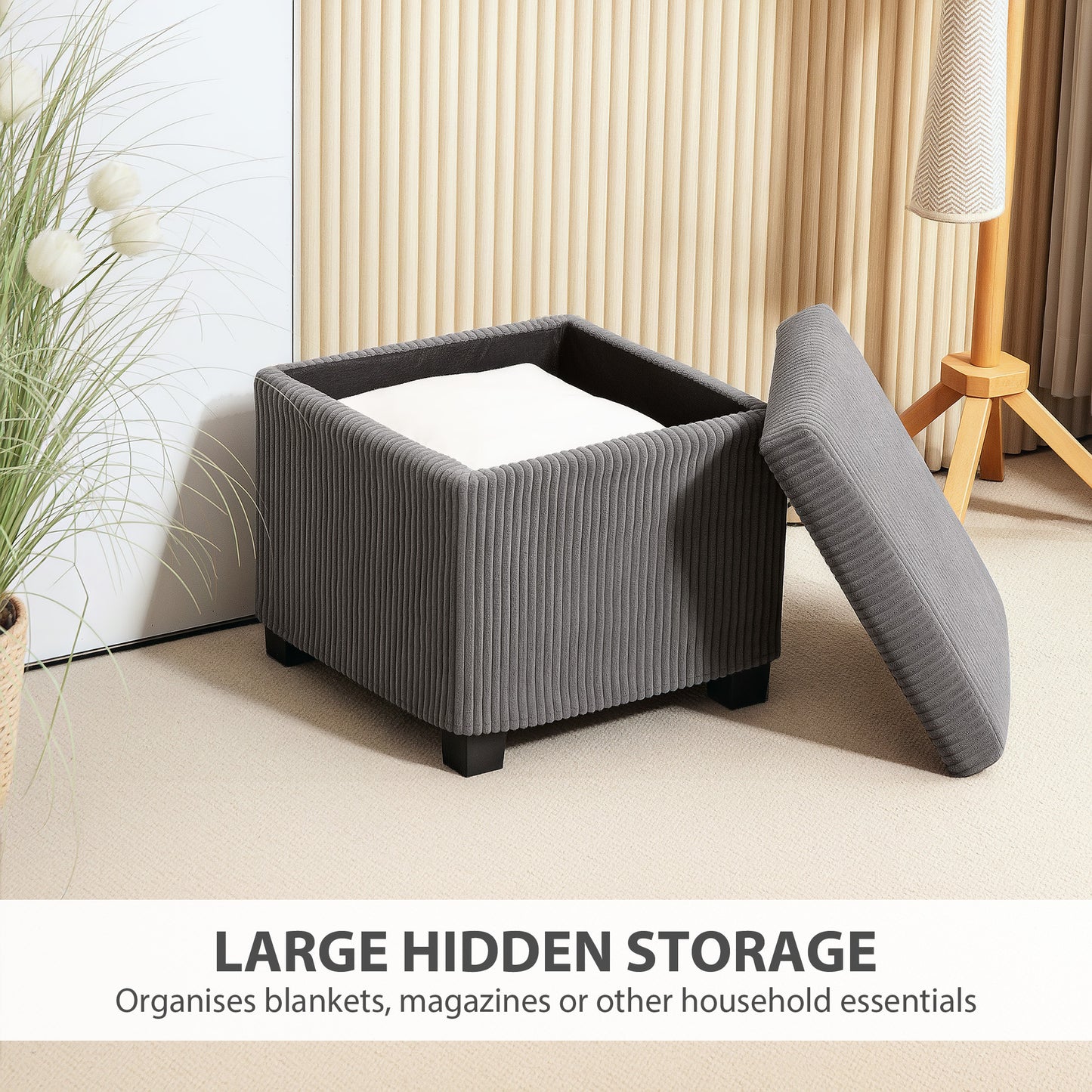 Creccette Corduroy Grey Storage Square Ottoman Bench With Removable Lid