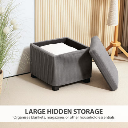 Creccette Corduroy Grey Storage Square Ottoman Bench With Removable Lid