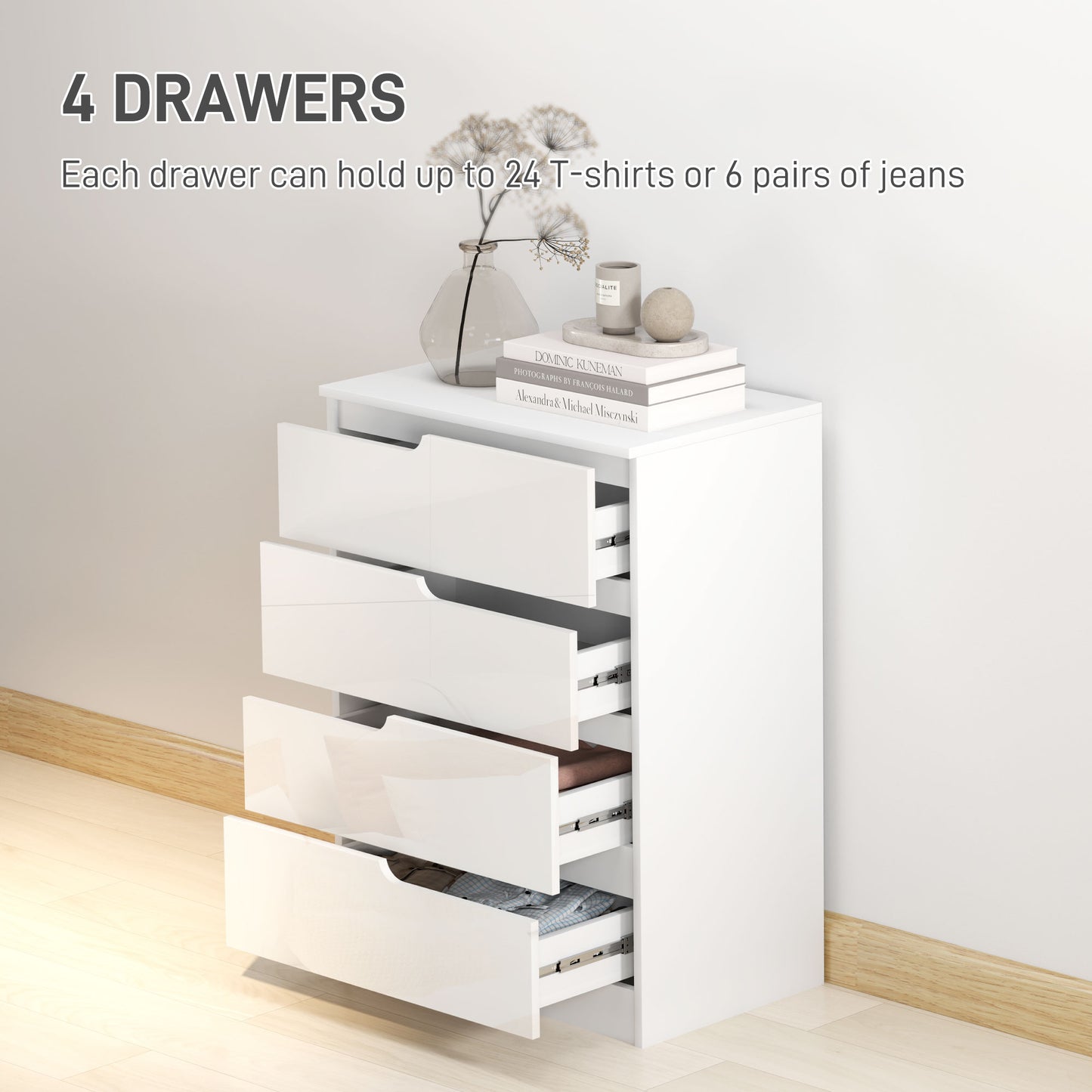 Valudi High Gloss White 4 Drawer Chest With Gloss Front Panels