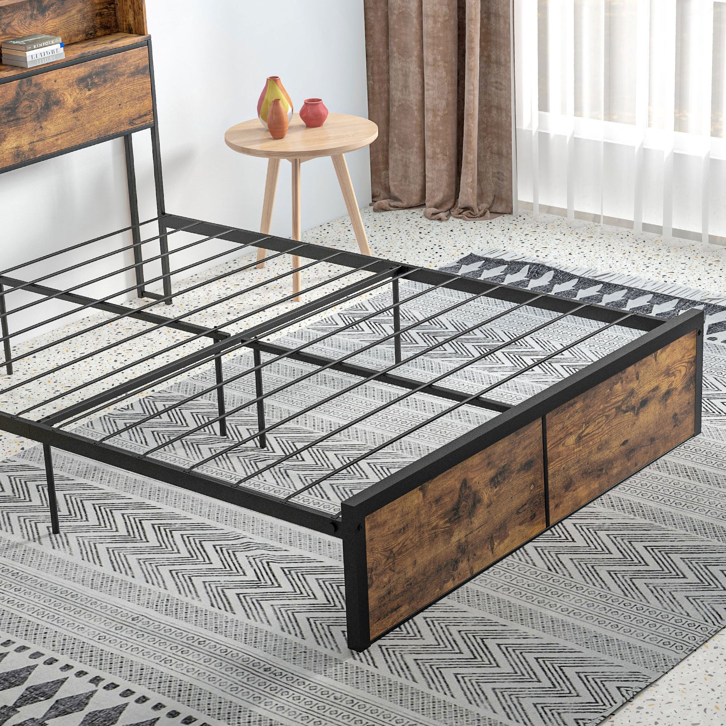 Sata 4FT8 Rustic Brown and Black Industrial Double Bed Frame with Shelves