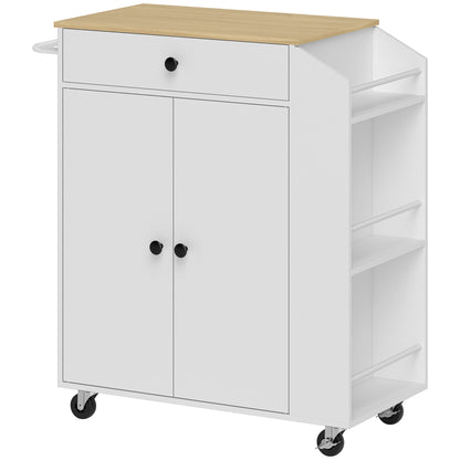 Semi Wooden White Rolling Kitchen Island With Drawer 3 Tier Spice Rack And Towel Rail