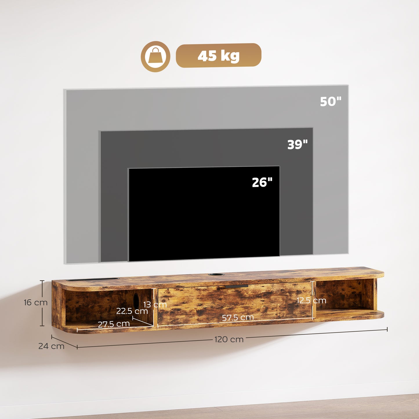 Avamoro 120cm Rustic Brown Floating TV Unit For Screens Up To 50 Inches