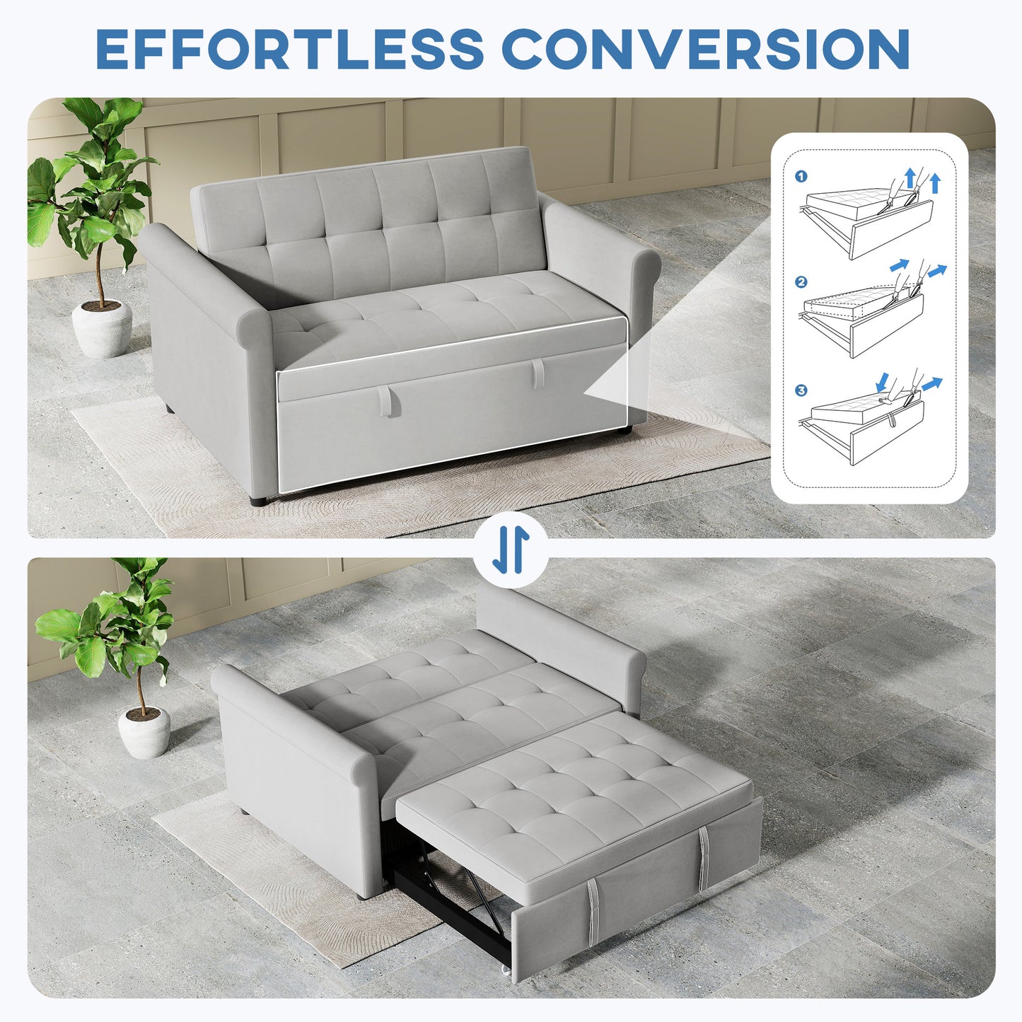 Rekano Velvet Grey 2 Seater Sofa Bed With Tufted Upholstery