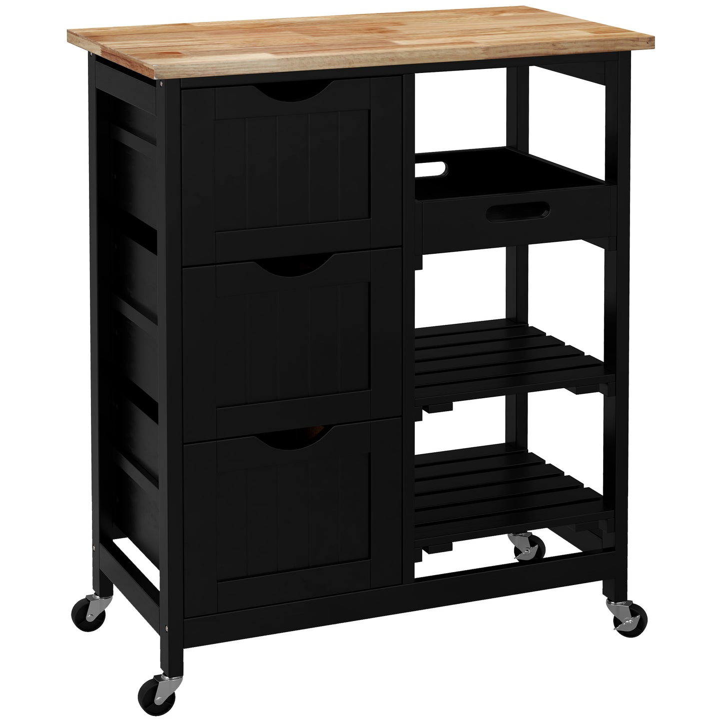 Tovafi Wooden Black Compact Rolling Kitchen Island With Wood Top Shelves And Drawers