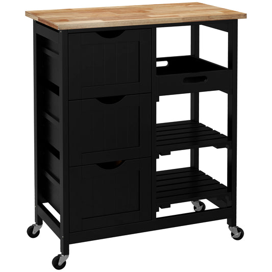 Tovafi Wooden Black Compact Rolling Kitchen Island With Wood Top Shelves And Drawers
