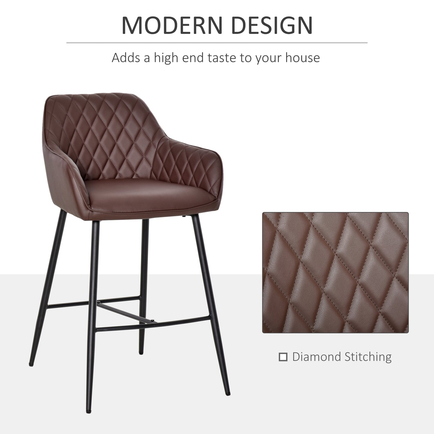 Mayore Faux Leather Brown Retro Bar Chairs Set Of 2 With Metal Frame And Footrest