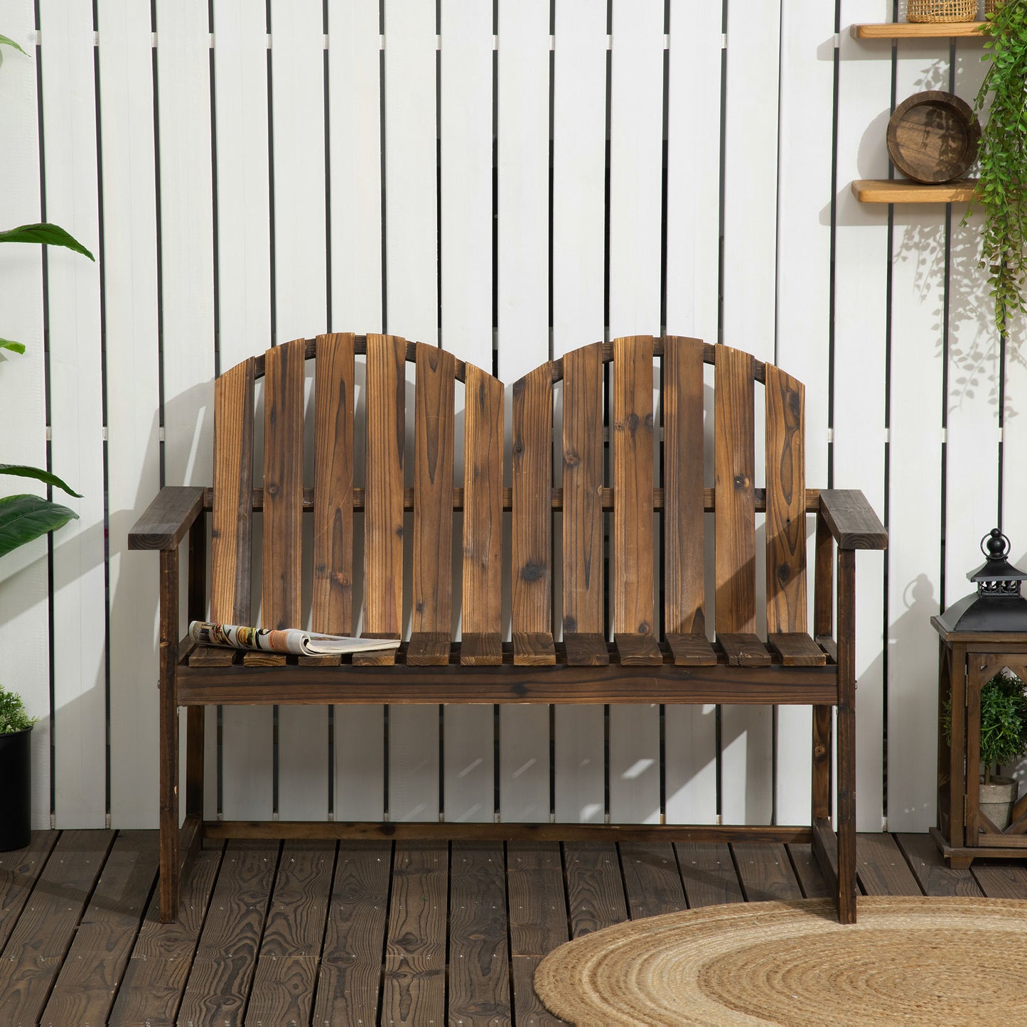 Rozi Wood 2 Seater Outdoor Garden Bench With Slatted Back And Armrests