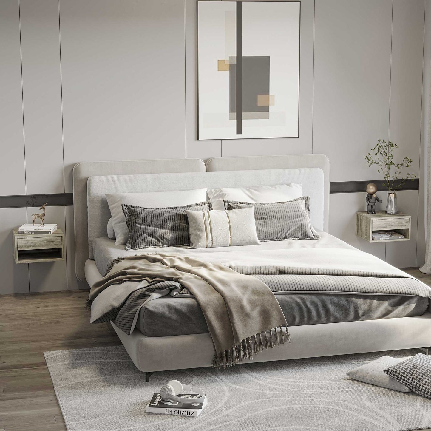 Rosama Set Of 2 Grey Wood Effect Floating Bedside Tables Wall Mounted 1 Drawer 1 Shelf