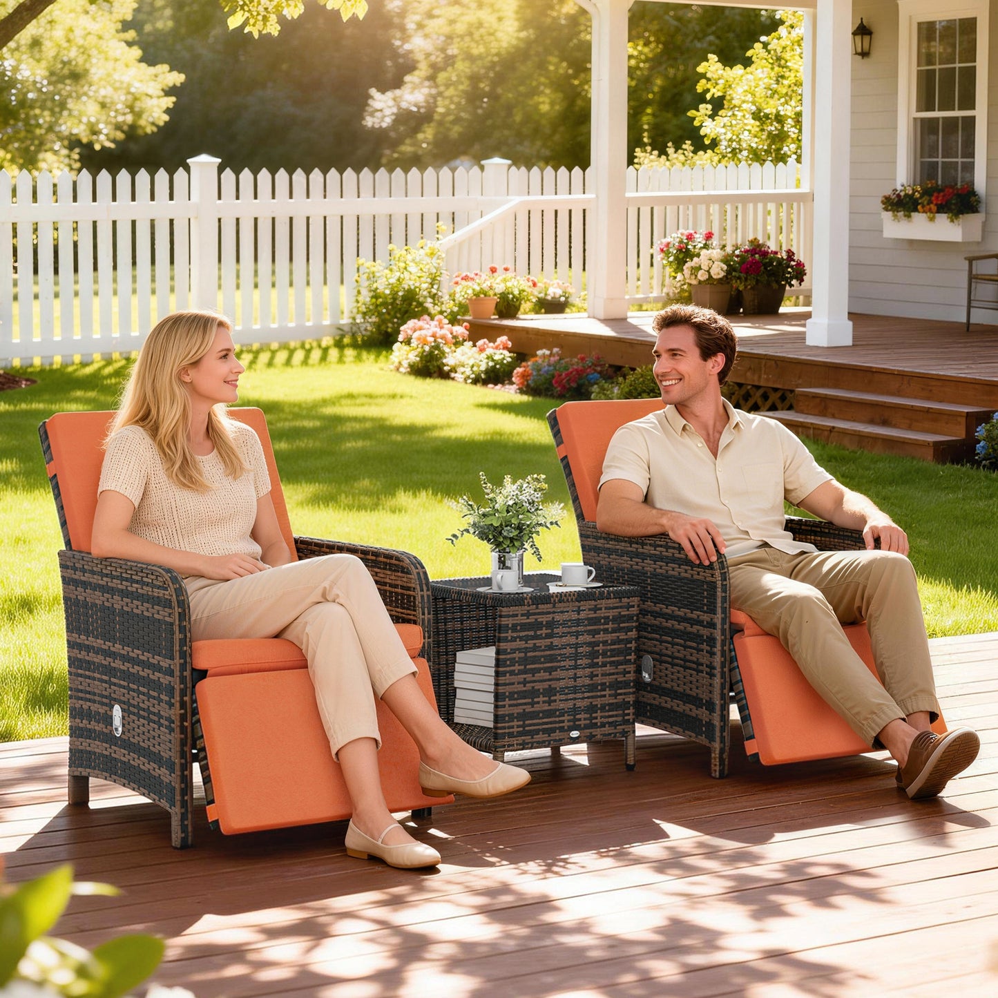 Haridi Brown Rattan and Orange 3 Piece Bistro Set With Cushions And Storage Table