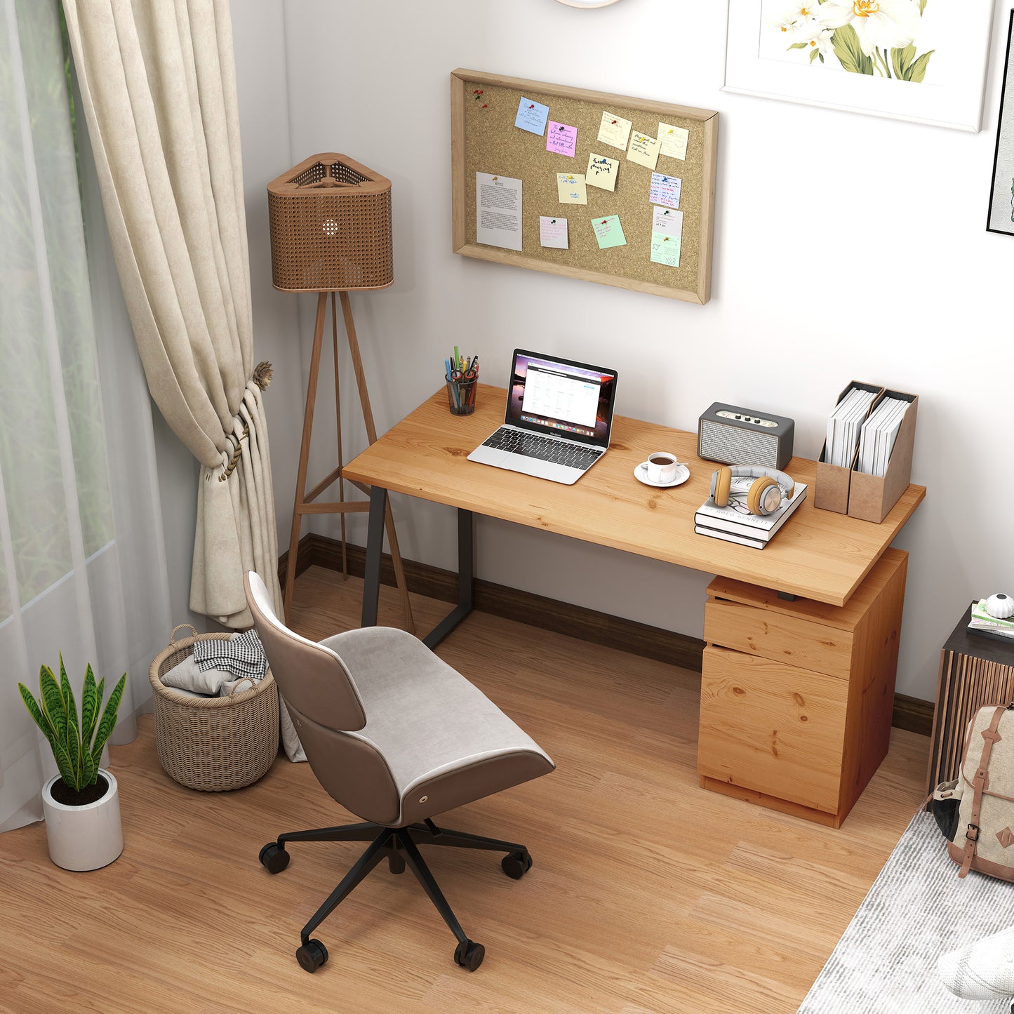 Nolole 135cm Natural Wood Home Office Desk With Storage Drawer and Cabinet