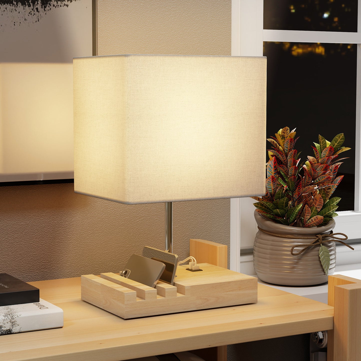 Hael Wood And Fabric White Bedside Table Lamp With USB Charging Ports Phone Stands And Fabric Shade