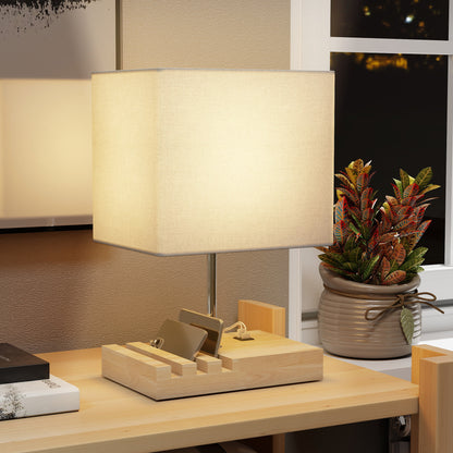 Hael Wood And Fabric White Bedside Table Lamp With USB Charging Ports Phone Stands And Fabric Shade