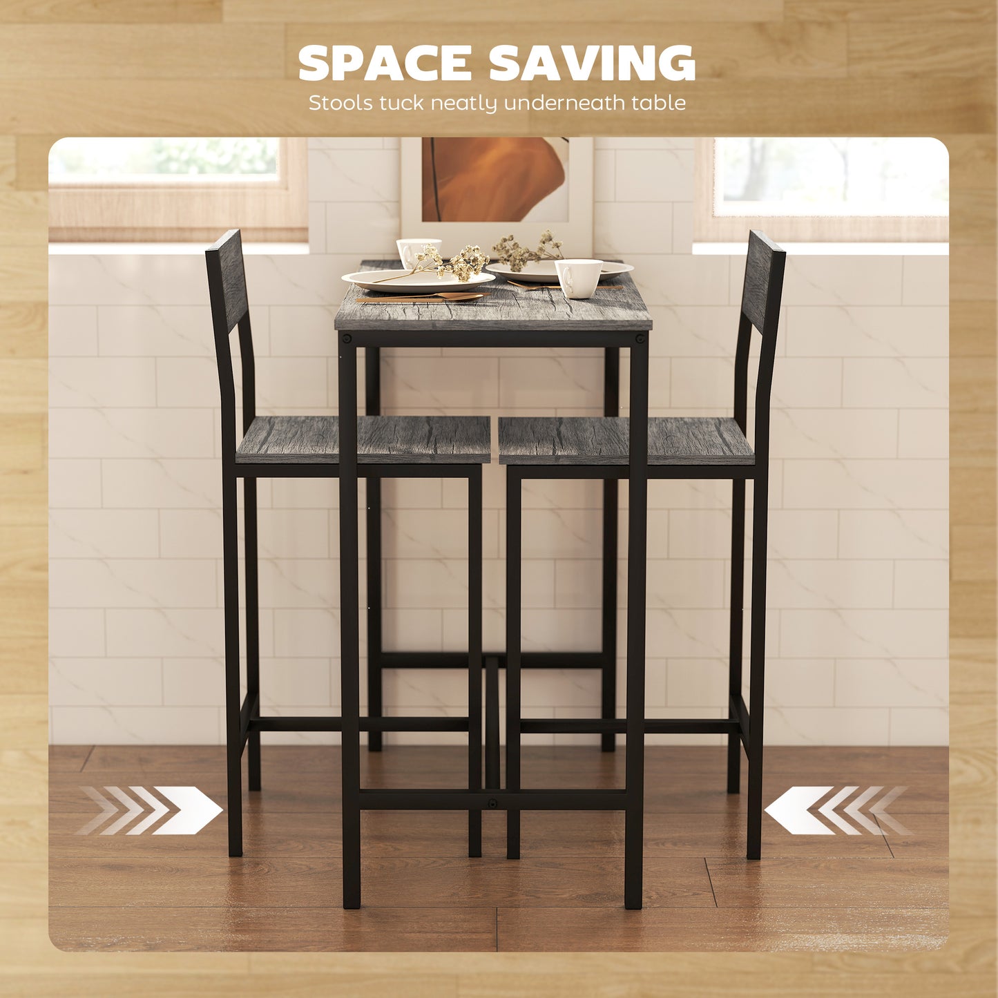 Novero 3 Piece Industrial Breakfast Bar Set With 2 Stools And Footrest Support