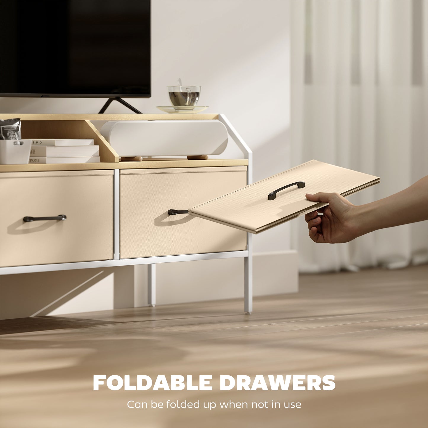 Avamira Small 98cm Natural and White TV Stand With Foldable Drawers for TV's up to 55 Inches