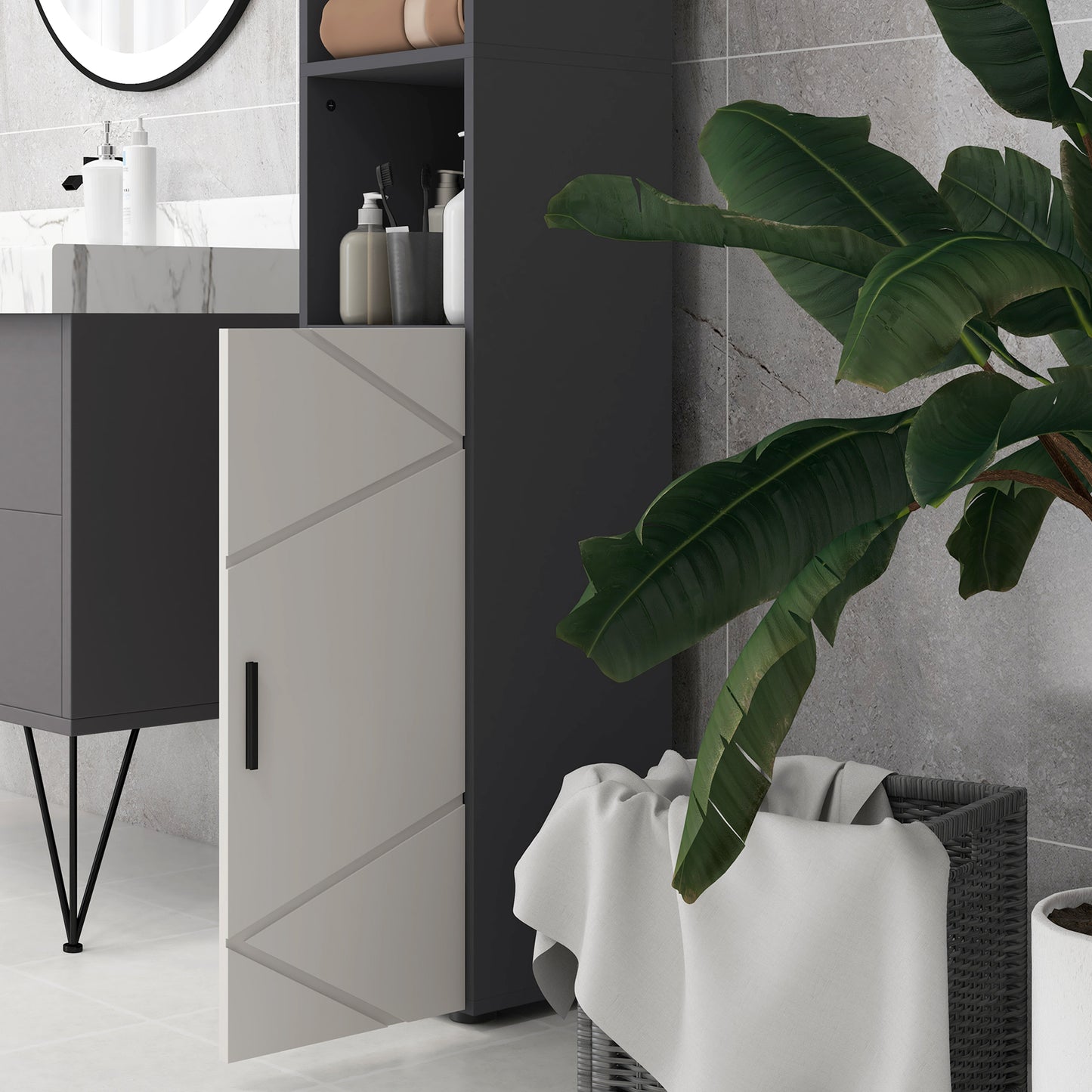 Nomalo Tall Minimalist Bathroom Storage Cabinet With Line Embossed Front And Adjustable Shelves Grey